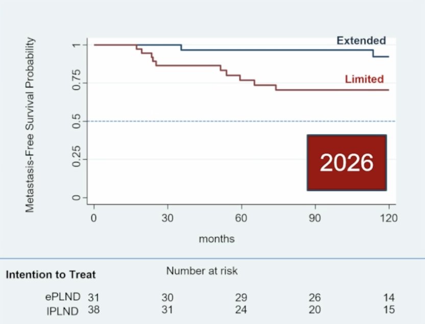 In this high-grade subgroup, a significant improvement in metastasis-free survival was also observed with extended pelvic lymph node dissection (HR 0.26, 95% CI 0.07–0.93; p = 0.026) with extended follow-up:&nbsp;