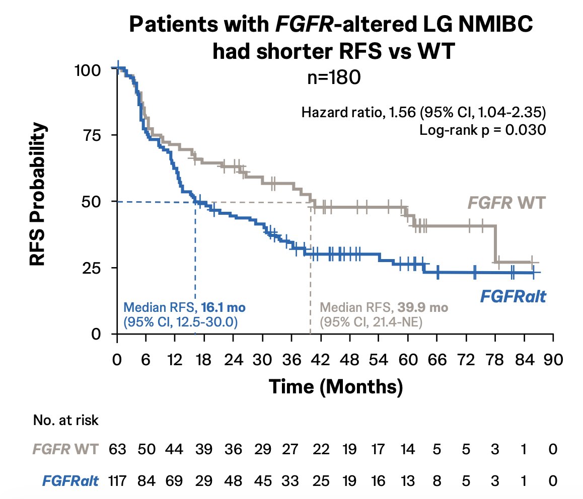 Dr. Meeks noted that patients with FGFR-altered low-grade non-muscle invasive bladder cancer had shorter recurrence-free survival versus wild-type patients (HR 1.56, 95% CI 1.04-2.35):&nbsp;