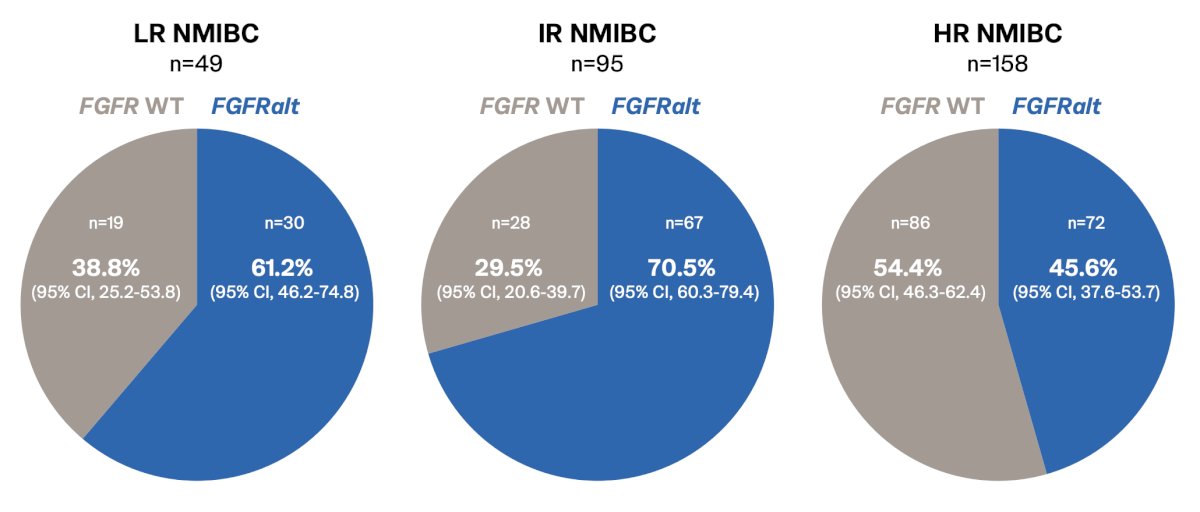 Regarding the prevalence of FGFR alterations by EAU risk category, low risk non-muscle invasive bladder cancer had 61.2% alterations, intermediate risk 70.5%, and high risk 45.6%:&nbsp;