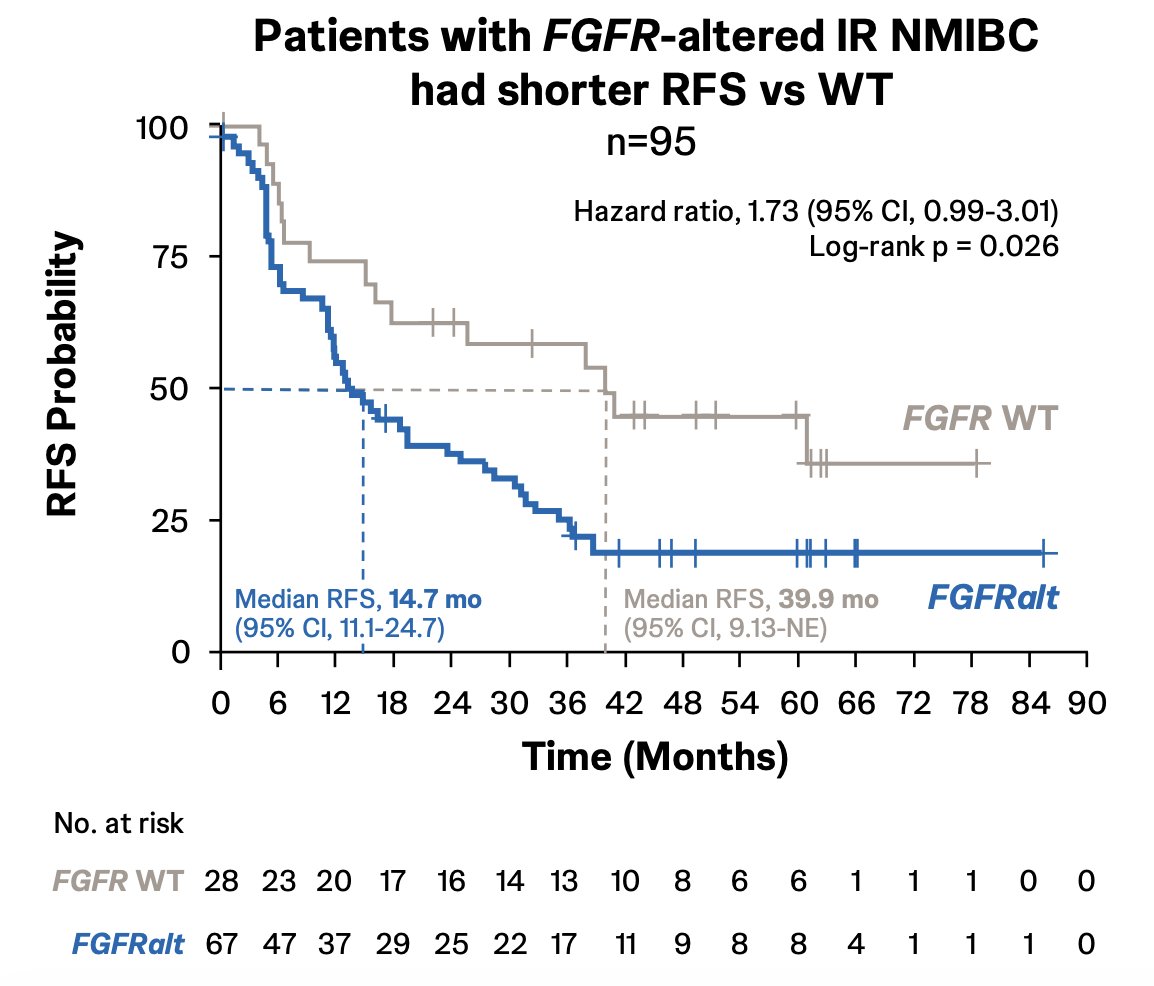 Patients with FGFR-altered intermediate-risk non-muscle invasive bladder cancer had shorter recurrence-free survival versus wild-type patients (HR 1.73, 95% CI 0.99-3.01):