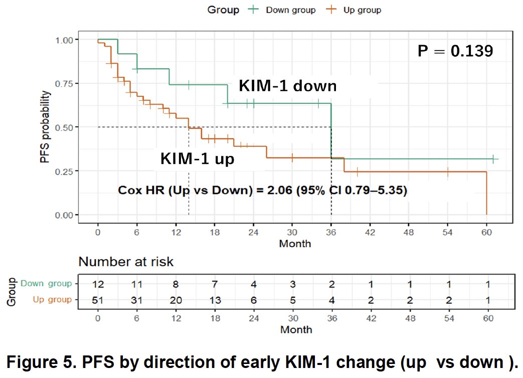 However, when patients were dichotomized according to whether KIM-1 increased or decreased, no significant difference in PFS was observed (HR 2.06, 95% CI 0.79–5.35; p=0.139).
