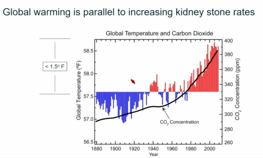 Reviewing a 120-year climate timeline, he noted that post-World War II climbs in atmospheric carbon dioxide run entirely parallel to a shifting global temperature baseline, showing a graph where the blue bars represent below-average yearly temperatures, while the red bars represent above-average (Figure 2).