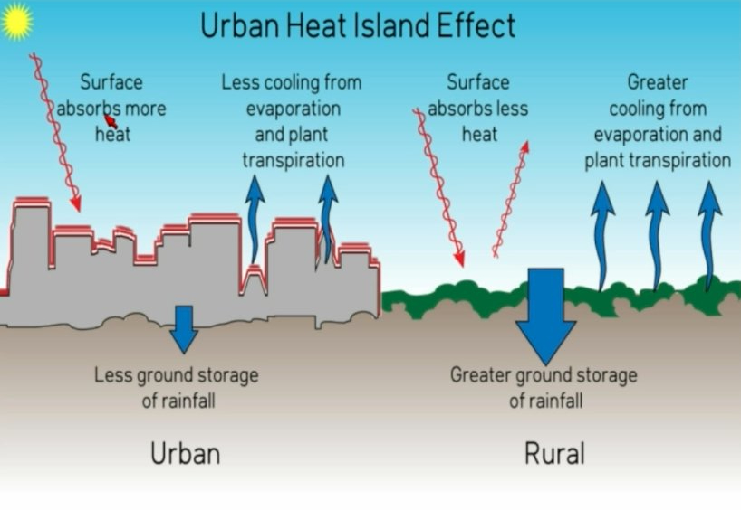 A major focal point of the lecture was the phenomenon of Urban Heat Islands, where structural city profiles create severe, hyper-local thermal gradients. Due to dense concrete and asphalt absorbing heat radiation, a lack of vegetative shade, and minimal rainwater ground storage, urban centers stay up to 9-12°F hotter than adjacent rural zones (Figure 4). Furthermore, cities act as chronic "non-dippers" at night; unlike rural areas, where temperatures drop safely after sunset, metropolitan areas maintain dangerously high ambient heat around the clock. In places like Phoenix, 49% of summer nights are now categorized as abnormally hot, with average low temperatures jumping nearly 10°F since the 1960s.