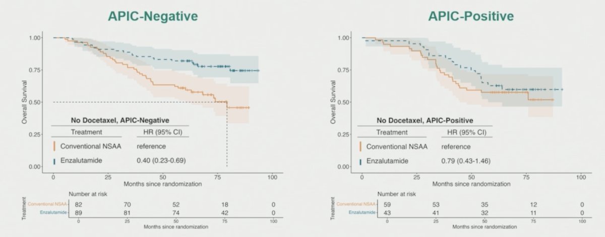 Excluding early docetaxel use, APIC-negative was also associated with enzalutamide benefit (HR 0.40, 95% CI 0.23-0.69), while no significant benefit was observed for APIC-positive addition of enzalutamide (HR 0.79, 95% CI 0.43-1.46):&nbsp;