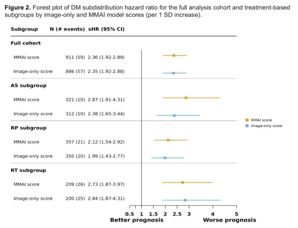 The MMAI model likewise demonstrated robust and consistent prognostic performance across management strategies. Using raw MMAI scores, significant associations with DM risk were observed in patients treated with AS (sHR 2.87, p < 0.001), RP (sHR 2.12, p < 0.001), and RT (sHR 2.73, p < 0.001). Calibrated MMAI scores similarly maintained prognostic significance across treatment modalities.