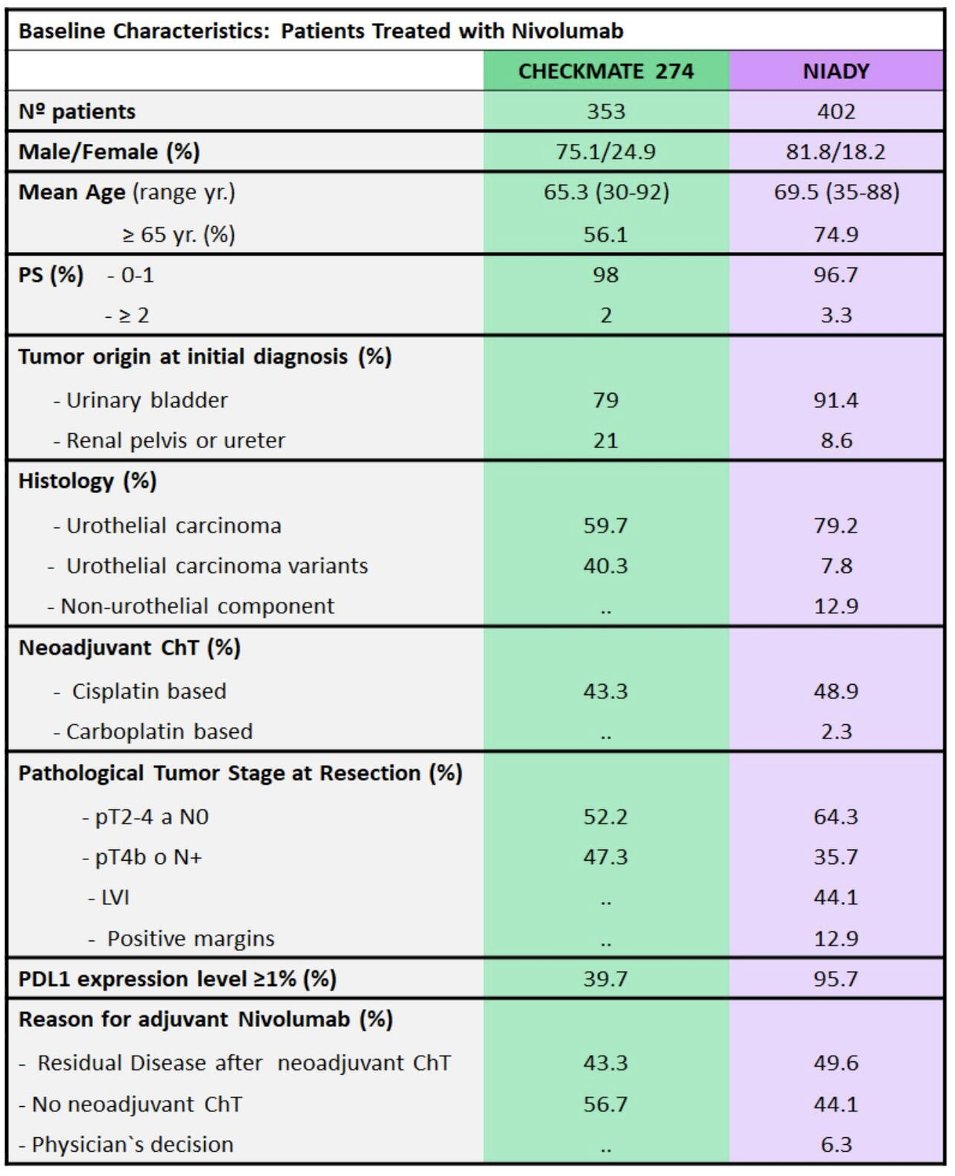 PrInCIS is a nationwide, multicenter, non-interventional epidemiologic study with retrospective patient inclusion and prospective follow-up. The NIADY cohort included patients with high-risk PD-L1-positive MIUC treated with adjuvant nivolumab in routine practice across 65 hospitals affiliated with the Spanish Oncology Genitourinary Group (SOGUG) spanning 16 Spanish regions. Baseline characteristics, treatment patterns, safety, and oncologic outcomes were analyzed and compared with outcomes reported in CheckMate-274.