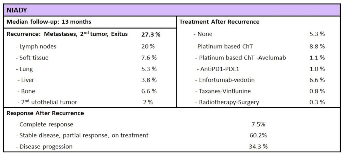 With a median follow-up of 13 months, recurrence, metastases, second urothelial tumors, or death were observed in 27.3% of patients. Lymph nodes represented the most common site of recurrence (20%), followed by soft tissue (7.6%), bone (6.6%), lung (5.3%), and liver (3.8%), while a second urothelial tumor was reported in 2% of patients. Following recurrence, 8.8% of patients received platinum-based chemotherapy, 6.6% received enfortumab vedotin, and 1.0% received anti–PD-1/PD-L1 therapy; 5.3% received no subsequent treatment.