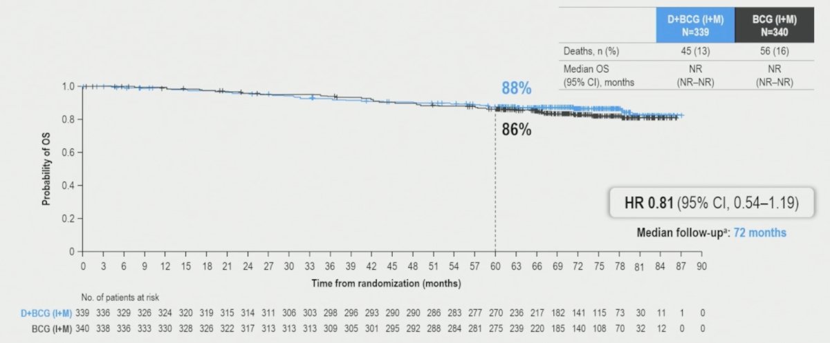 At data cutoff October 3, 2025 (median follow-up 72 months), the overall survival HR was 0.81 (95% CI, 0.54–1.19) with a 5-year overall survival rate of 87.6% (95% CI, 83.5%–90.8%) for durvalumab + BCG (induction + maintenance) versus 86.3% (95% CI, 82.1%–89.6%) for BCG (induction + maintenance). The median overall survival was not reached in either arm: