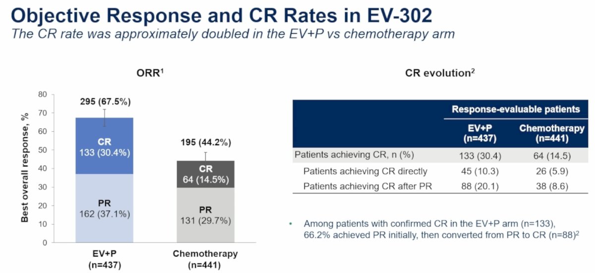 Importantly, among the 133 patients (30.4%) achieving a CR with EV+P, 45 (10.3% overall) achieved a CR as their initial response, with an additional 88 patients (20.1%) initially achieving a PR and subsequently converting into a CR.