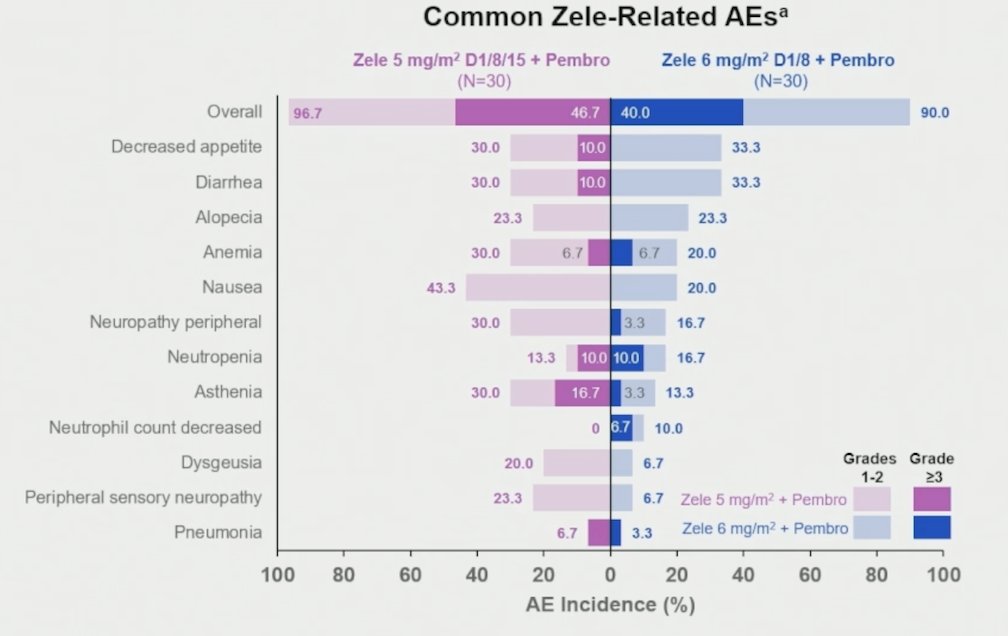 Zelenectide pevedotin-related adverse events were reported in 97% (47% grade ≥3) of patients at 5 mg/m² and 90% (40% grade ≥3) at 6 mg/m²:&nbsp;