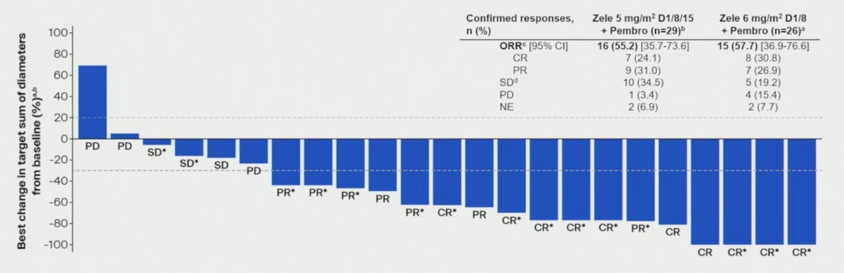 The median zelenectide pevedotin treatment duration was 6.3 months (range: 0.7-10.6). Confirmed objective response rates by BICR among randomized, dosed patients with measurable disease at baseline were 55% (16/29; 7 complete responses, 9 partial responses; 95% CI 35.7–73.6) and 58% (15/26; 8 complete responses, 7 partial responses; 95% CI 36.9–76.6) with zelenectide pevedotin 5 mg/m² and 6 mg/m², respectively: