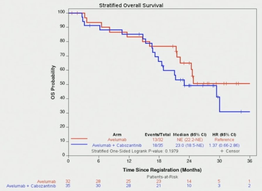 The median overall survival was not reached with avelumab and 23.0 months with avelumab + cabozantinib (HR 1.37; 95% CI 0.66–2.86):&nbsp;