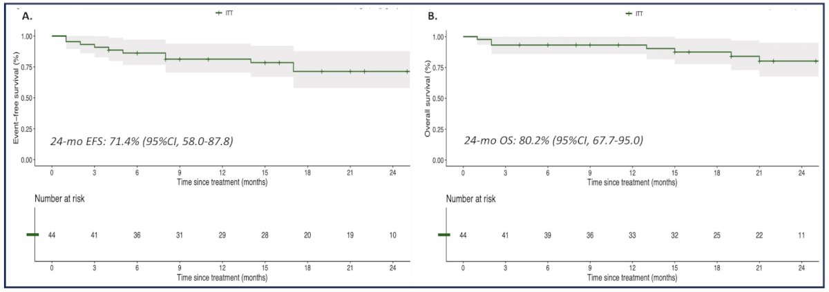 The 24-month event-free survival rate was 71.4% (95% CI 58-87.8), and the 24-month overall survival rate was 80.2% (95% CI 67.7-95):