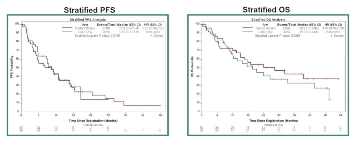 Among all patients, the stratified progression-free survival hazard ratio was 1.37 (95% CI 0.74-2.53), and was 1.40 (95% CI 0.70-2.79) for overall survival: