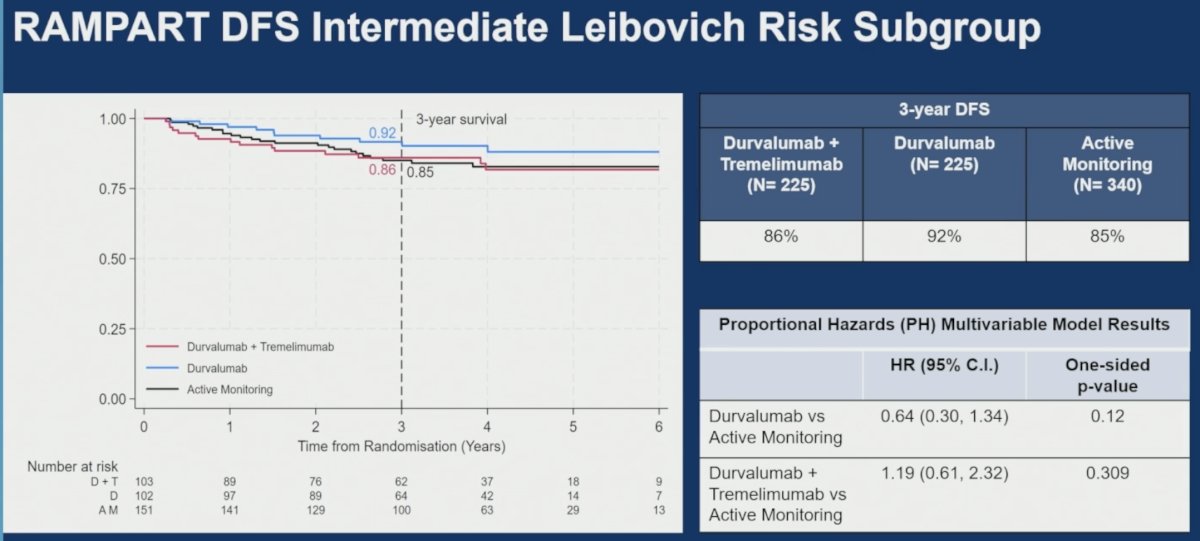 In contrast, among patients with intermediate Leibovich-risk disease, three-year DFS rates were 86%, 92%, and 85% for durvalumab plus tremelimumab, durvalumab, and active monitoring, respectively. Hazard ratios were 1.19 (95% CI: 0.61–2.32; p=0.309) for durvalumab plus tremelimumab and 0.64 (95% CI: 0.30–1.34; p=0.12) for durvalumab versus active monitoring, indicating no apparent DFS benefit in this lower-risk population.
