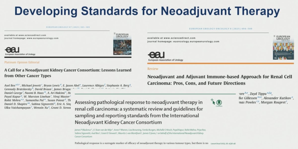 To address this need, the International Neoadjuvant Kidney Cancer Consortium (INKCC) recently proposed RCC-specific pathologic response criteria. These guidelines arose from recognition that pathologic response reporting in RCC has historically been inconsistent; among 119 RCC studies reviewed, only 4% described how pathologic response was assessed and only 7% used quantitative measurements. The INKCC criteria adapt melanoma-derived thresholds and recommend rigorous gross and microscopic sampling methods, including complete submission of tumors <4 cm and extensive sampling of larger tumors. Importantly, whether pathologic response predicts event-free or overall survival in RCC remains unproven.