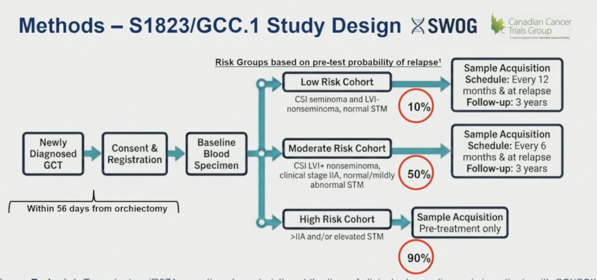 Dr. Nappi subsequently reviewed the design of the SWOG S1823/GCC.1 study, a collaborative effort conducted through SWOG and the Canadian Cancer Trials Group, evaluating the clinical utility of miR371 in patients with germ cell tumors managed with active surveillance. Eligible patients were enrolled within 56 days of orchiectomy, underwent consent and registration procedures, and provided baseline blood specimens prior to assignment into risk cohorts based on their estimated pre-test probability of relapse. The primary endpoint of the study was to evaluate the operating characteristics of miR371 at the time of clinical relapse diagnosis among patients with CSI and CSIIA disease undergoing active surveillance within the low- and moderate-risk cohorts. The study design is shown below.